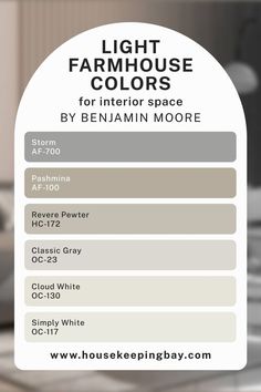 Light Benjamin Moore Farmhouse Colors For Interior Space Featherstone Benjamin Moore, Bm Color Palettes, Simply White Color Combinations, Classic Gray And Revere Pewter, Classic Gray Benjamin Moore Color Scheme, Benjamin Moore Skipping Stone, Shade Lighter Than Revere Pewter, Pashmina Color Palette, Pashmina Vs Revere Pewter