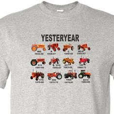 This is a history of some of the different models of vintage allis chalmer tractors made in the 1930' -1980's and the years they were made. These are the tractors that helped make our country great. This is the perfect shirt for the person raised on a farm or that has any agricultural background. Most farmers had their favorite brand that they liked. You can take a person off the farm but you can't take the farm out of the person. This will bring back many memories. We print this design on a 50/ International Tractors, Family Reunion Shirts, Reunion Shirts, Red Tractor, Vintage Tractors, Top Sewing Pattern, Womens Tops Summer, Casual Tops For Women, Tops Fall