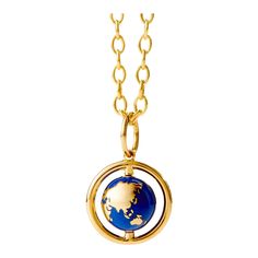 Syna Yellow Gold Small Rotating Earth Pendant with Lapis Enamel | Chairish Yellow Gold Enamel Medallion Necklace, Gold Enamel Necklace With Detachable Pendant, Luxury Gold Enamel Necklace, Gold Enamel Necklaces With Detachable Pendant, Yellow Gold Enamel Jewelry With Adjustable Chain, Yellow Gold Necklaces With Polished Enamel Finish, Gold Enamel Necklace With Cable Chain, Gold Enamel Jewelry With Detachable Pendant, Formal Yellow Gold Lapis Lazuli Jewelry