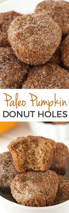 pale pumpkin donut holes stacked on top of each other in a white bowl with text overlay