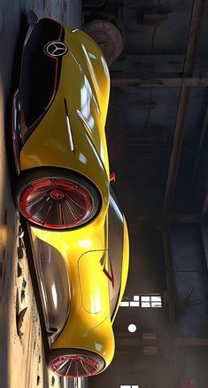 a yellow sports car is hanging from the side of a wall in an underground garage