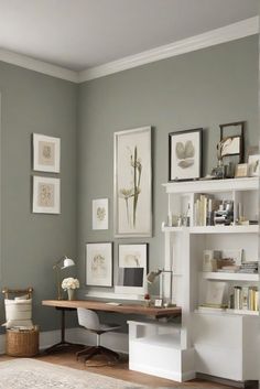 interior design,home decor,wall paint,home office Office With Colored Wall, Green Walls Study, Grey Walls Office Ideas, Light Office Paint Colors, Green Home Office Walls, Grey And Green Office Ideas, Green Walls Home Office, Study Room Wall Color, Farrow And Ball Office Colours