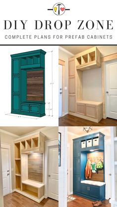 the diy drop zone complete plans for prefab cabinets and shelves are shown