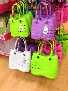 croc bags ... perfect for the pool or beach !! Croc Baskets, Crocs Keychains, Crocs Bags, Crocs Bag, Croc Collaborations, Croc Bag, Pretty Pink Princess, Crocs Shoes, Balenciaga City Bag