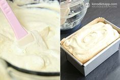 two pictures side by side, one with cake batter and the other with cream cheese