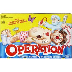 operation board game with cartoon character and classic moments on the front, including an infant in diaper