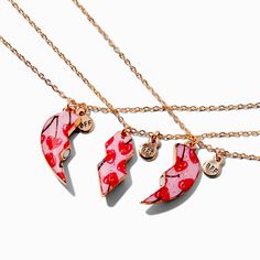 Recognize the bond between you and your two besties with this best friends necklace set. The three-pack shares a heart-shaped pendant that's covered in red cherries. Each necklace is finished with a tiny "BFF" charm. Pack Size: 3Finish: Gold-toneLength: 16 + 3 in. extender / 40.64 + 7.62 cm. extender Closure: Lobster claspMaterial: Metal - Claire's Best Friends Cherry Heart Pendant Necklaces - 3 Pack Bestie Necklace, Two Besties, Best Friends Necklace, Crown Hair Clip, Friends Necklace, Sensitive Ears Earrings, Piercing Kit, Flower Crown Hairstyle, Special Occasion Hairstyles