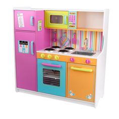 a toy kitchen with pink, yellow and blue appliances