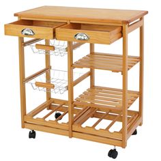 a wooden kitchen cart with two drawers