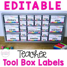 teacher's tool box labels with the words, editable and stickers on them