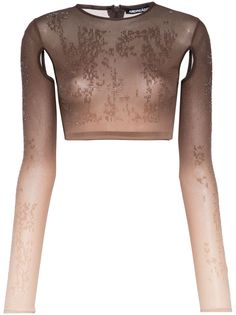 coffee brown/beige stretch-jersey semi-sheer construction ombré effect rhinestone embellishment cut-out detail at the underarms round neck rear zip fastening long sleeves elasticated underband cropped Luxury Stretch Brown Tops, Luxury Fitted Brown Tops, Luxury Brown Stretch Tops, Luxury Fitted Beige Crop Top, Area Top Farfetch, Longsleeves Outfit, Bohemian Wedding Guest, Cotton Crop Top, Brown Ombre