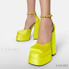 Lasaky - Luxurious Slip-On Shoes with Adjustable Straps and Moisture-Wicking Features Heels Yellow, Versace Heels, Basic Shoes, Dr Shoes, Elegant Heels, Spring Sandals, Wedding Shoes Heels, Rhinestone Sandals, Satin Heels