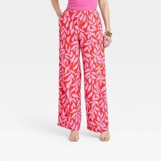 Women's Mid-Rise Pull-On Pants - A New Day™ Pink/Red Leaf Print XS Target Clothes, Crepe Fabric, Womens Clothing Sizes, Bottom Clothes, Leaf Print, Straight Pants, Pull On Pants, A New Day, Bottoms Pants