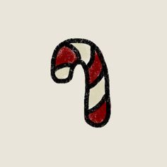 a candy cane drawn in chalk on a white paper with black and red stripes,