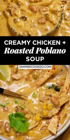 This creamy and delicious Chicken Poblano Soup recipe is full of roasted Poblano pepper flavor, shredded chicken, pinto beans, and tangy cheddar! Chicken And Poblano Recipes, Poblano Soup Recipe, Pablano Pepper Recipe, Poblano Pepper Soup, Chicken Poblano Soup, Poblano Recipes, Chicken Poblano, Poblano Chicken, Poblano Soup