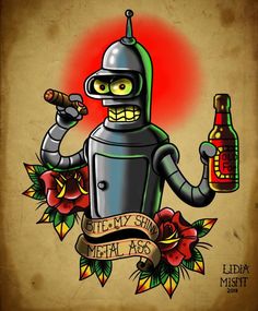 a cartoon character holding a beer bottle