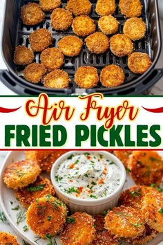 air fryer fried pickles on a plate with ranch dip in the middle and an air fryer full of fried pickles