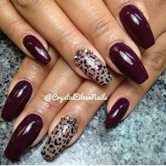 Burgundy And Leopard Nails, Burgundy And Cheetah Nails, Wine Animal Print Nails, Burgundy Cheetah Print Nails, Plum Leopard Nails, Shellac Nail Colors, Animal Print Nails Art, Animal Nails