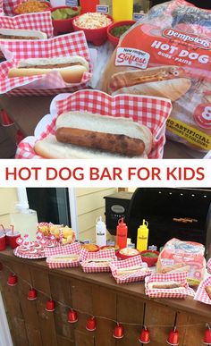 hot dog bar for kids with red checkered tablecloths and buns on it