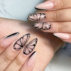 Matte Pink Nails, Black Nails With Glitter, Butterfly Nail Designs, White Tip Nails, Butterfly Nail Art, Heart Nail Art, Long Nail Designs, Black Nail Designs, Nail Styles