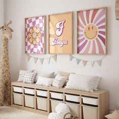 a child's room decorated in pink, yellow and white