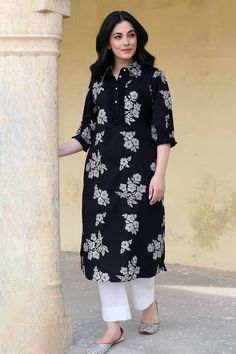 Black kurta with floral print and mandarin collared neckline. Paired with pant. - Aza Fashions Traditional Black Floral Print Sets, Straight Kurta With Printed Motifs For Work, Black Floral Kurti, Black Resham Embroidered Kurta For Spring, Traditional Black Kurta For Spring, Casual Fitted Kurta With Floral Embroidery, Traditional Workwear Kurta With Printed Motifs, Traditional Printed Kurta For Workwear, Black Cotton Kurta For Spring