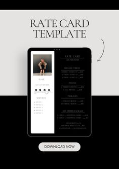 a black and white website design with the text rate card template on top of it