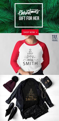 My first Christmas as Mrs Smith Shirt with custom last name | Etsy Christmas Bride, Red And White Shirt, Mrs Smith, Baby Announcement Photos, Pregnancy Announcement Gifts, Pregnancy Announcement To Husband, My First Christmas, New Fathers, Married Christmas