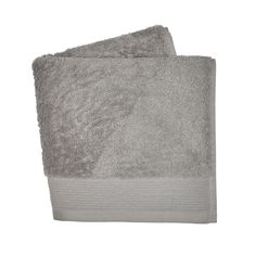 two towels folded on top of each other in grey and white colors, one is folded over the other