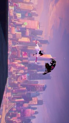 two people flying through the air over a city