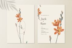 two wedding cards with orange flowers on the front and back, one is in watercolor