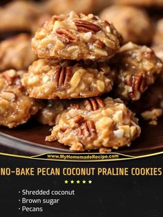 no - bake pecan coconut pralie cookies are stacked on top of each other