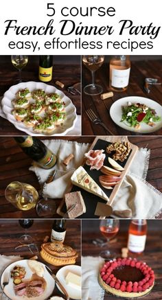 a collage of photos showing different types of french dinner party food, including sandwiches and wine