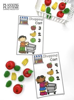 two printable shopping cards with fruits and vegetables in the basket next to each other