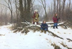 two children are playing in the snow near some trees