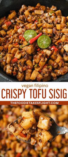 the recipe for crispy tofu is in a skillet and ready to be eaten