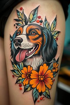 a dog with flowers and leaves on his thigh is shown in this tattoo art work