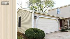 two garages side by side in front of a brick house and another photo of the same home