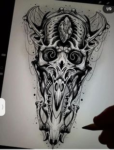 a drawing of a skull with horns on it's head