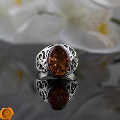 Delighted to present large sterling silver-amber ring featuring perfectly rounded smooth, shiny and glossy cognac Baltic amber oval-shaped bead hand-hammered in 925 Hallmarked Silver setting. Classic and timeless ring for day or night. Handcrafted to a standard of perfection this amber-silver ring will make a unique promise ring, great birthstone ring, perfect gift for beloved husband, father and grandad, or just a wonderful love token for yourself or your special someone. Presented in our luxur Unique Promise Rings, Timeless Ring, Amber Gemstone, Amber Ring, Ring Finger, Baltic Amber, Ring Size Guide, Birthstone Ring, Promise Rings