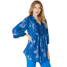 Hit all of the major style trends with this delicate style featuring an intricate lace-bib front, lace-detailed three-quarter sleeves and a pleated front and back. Watercolor Bouquet, Target Clothes, Big Shirt, Current Fashion Trends, Style Trends, Warm Outfits, Shirt Collection, Crop Blouse, Blue Watercolor