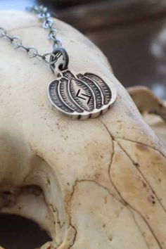 a skull with a silver pendant on it's neck