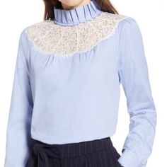 Nwt Halogen Lace Yoke Poplin Pinstripe Blouse. Pinstripe Cotton With Lace Shoulders. Long Sleeves. Tunic Style. Never Worn With No Damages. Colors White And Blue. Size Small. Due To High Sellers Fees, I Will Not Be Able To Accept Offers. Buy Now Only. Price Will Never Drop, So Buy Now And Don't Miss Out Watching Item. Items Are Priced To Sell. Chic Blue Blouse With Striped Collar, Elegant Blue Tops With Striped Collar, Spring Office Blouse With Striped Collar, Spring Office Shirt With Striped Collar, Blue Blouse With Striped Collar For Daywear, Elegant Blouse With Striped Collar For Daywear, Elegant Spring Tops With Striped Collar, Spring Office Tops With Striped Collar, Fitted Blouse With Striped Collar For Spring