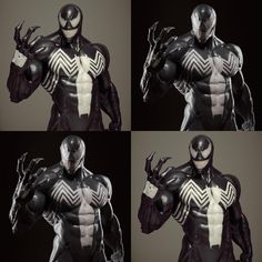 four different views of a spider - man in black and white suit with his hands on his chest