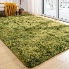 a green rug is on the floor in front of a sliding glass door that leads to an outside patio