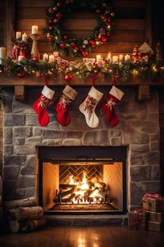 a fireplace with stockings hanging over it