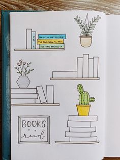 an open book with books and plants on the shelf next to it, which is drawn by hand