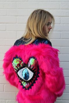 Embellished Fuchsia Pink Faux Fur Evil Eye Jacket Festival - Etsy Eye Jacket, Pink Faux Fur Jacket, Eye Details, Pink Faux Fur, Morning Wedding, Sequin Fabric, Fuchsia Pink, Faux Fur Jacket, Fall Winter Outfits