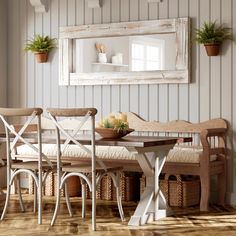 a dining room table with four chairs and a bench in front of a mirror on the wall