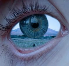 an eye with the reflection of a mountain in it's iris, as seen from below